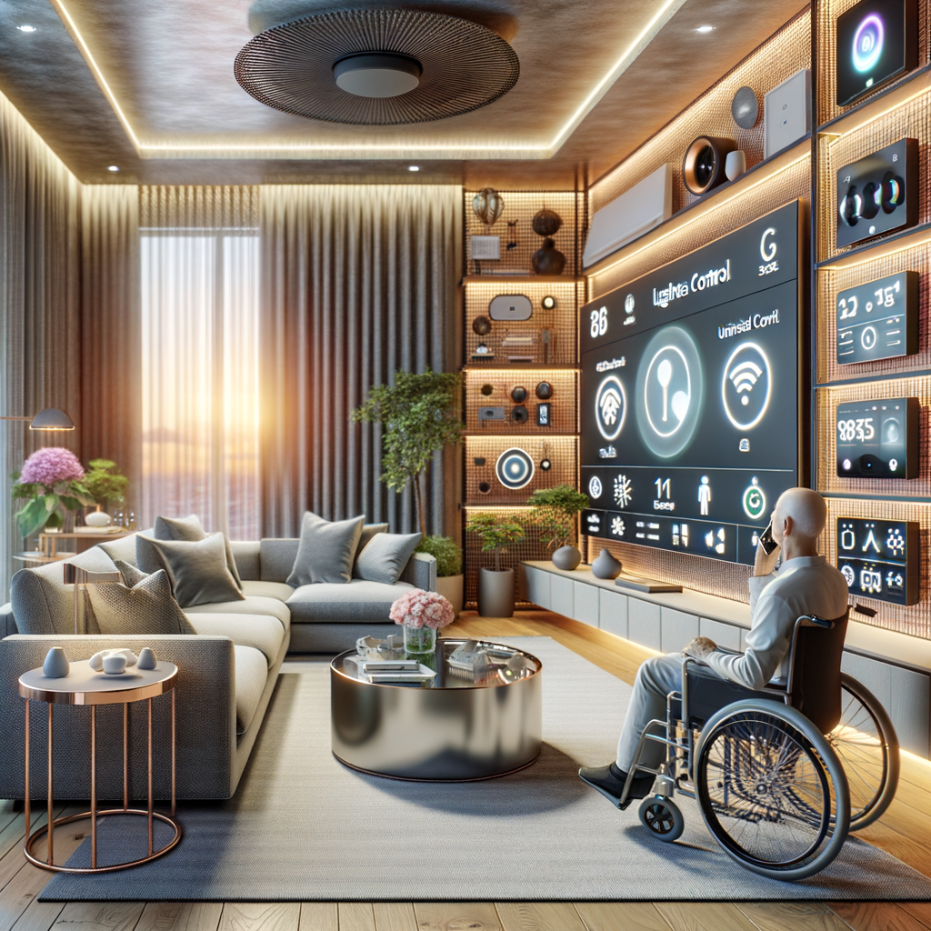 Modern living room showcasing smart home automation systems designed for elderly and disabled, featuring voice-activated lights, automated curtains, and adaptive technology for seniors promoting independence and ease of living.