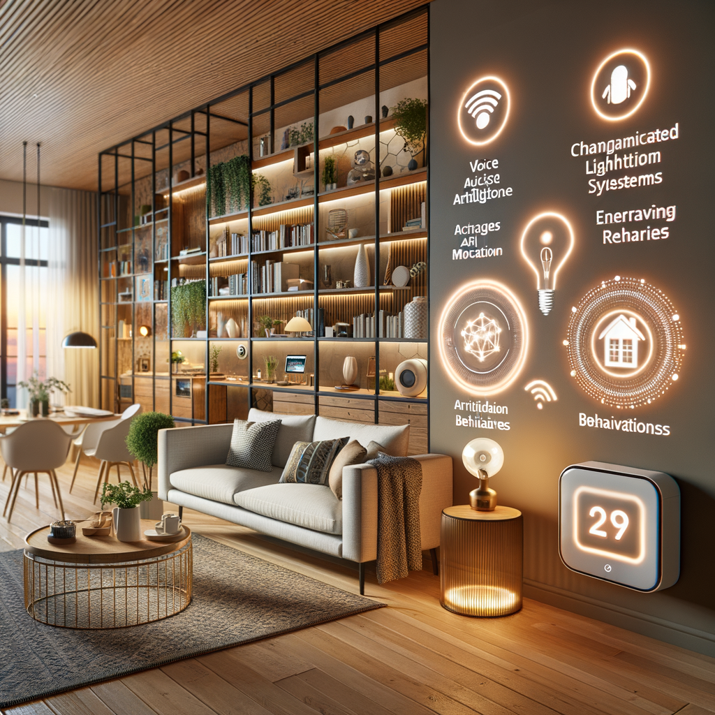 Modern smart home living room showcasing the benefits of integrating artificial intelligence in home automation systems, including AI-powered devices like voice-activated lighting and smart thermostats.